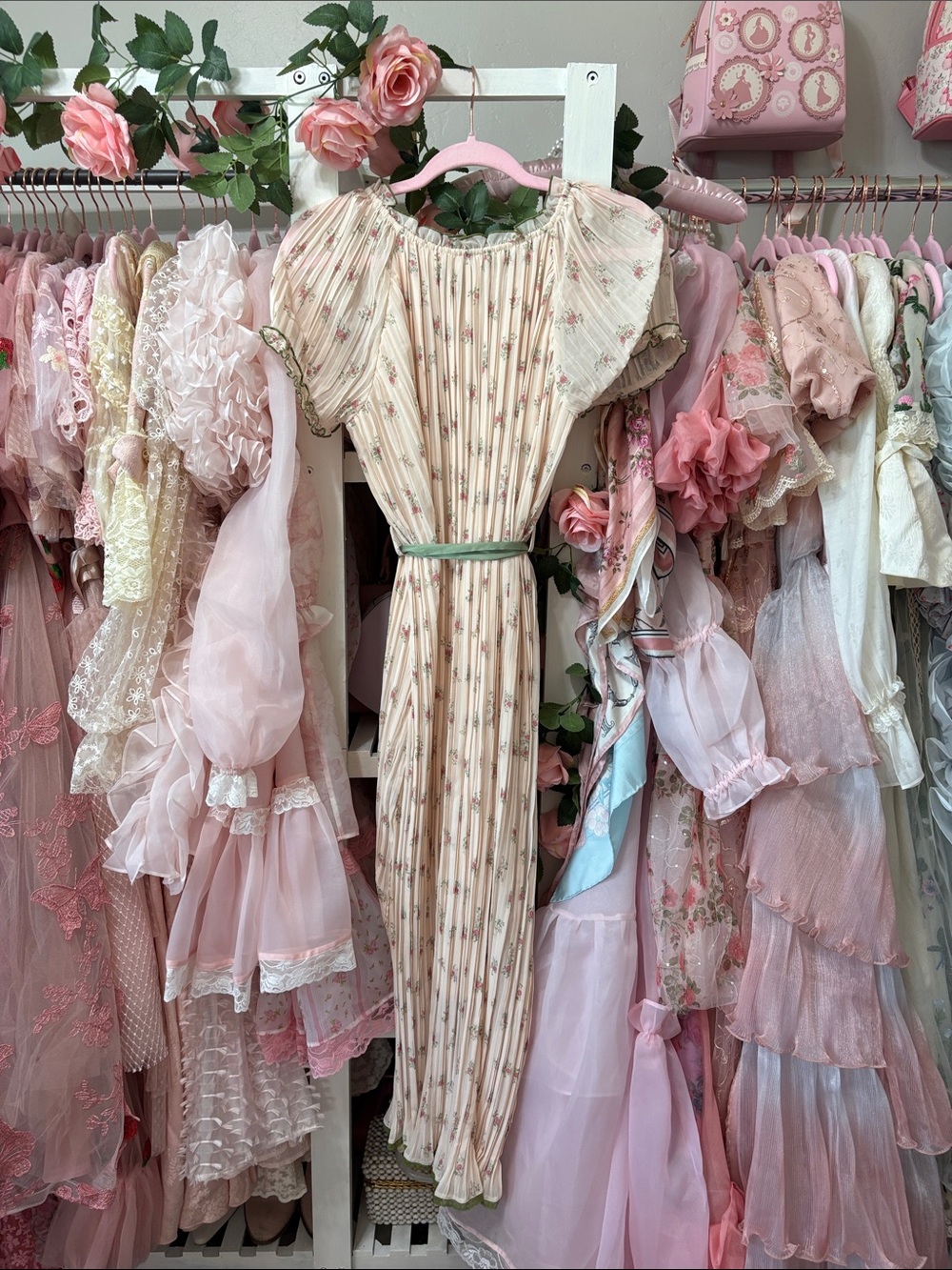 Romantic Cream Floral Midi Dress with Green Sash - Picture 5 of 5